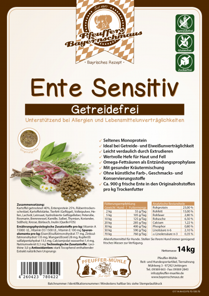 Pfeuffers Hundefutter Ente Sensitiv 14kg